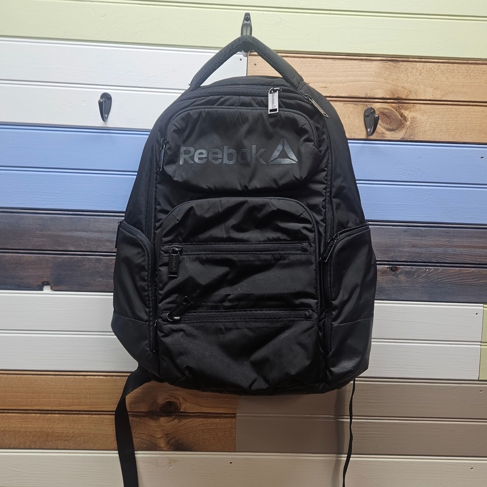 Reebok Black Nylon Multi-Pocket Backpack Padded Straps Travel Gym Bag